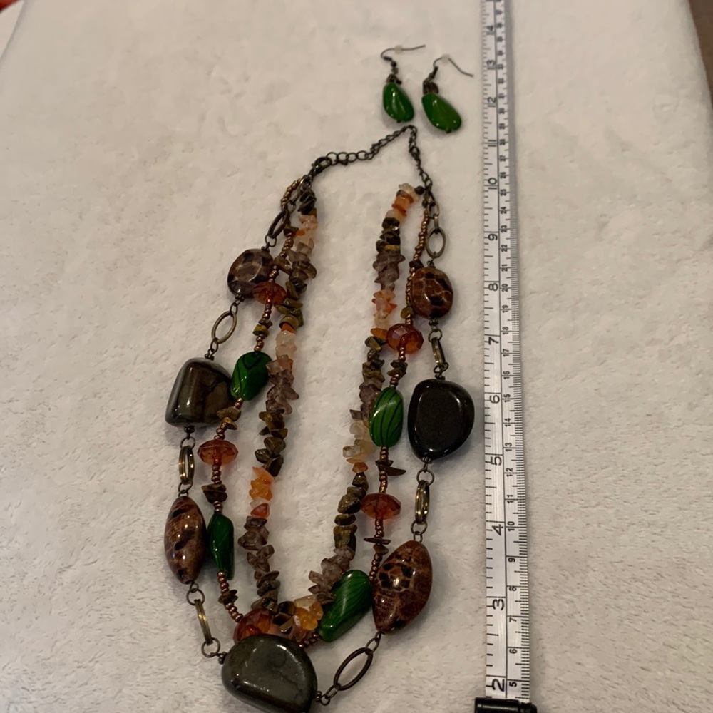 Chunky green and brown necklace with matching earrings that